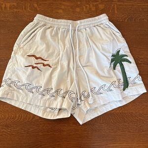 Urban Outfitters White Shorts with Palm Tree and Wave Design